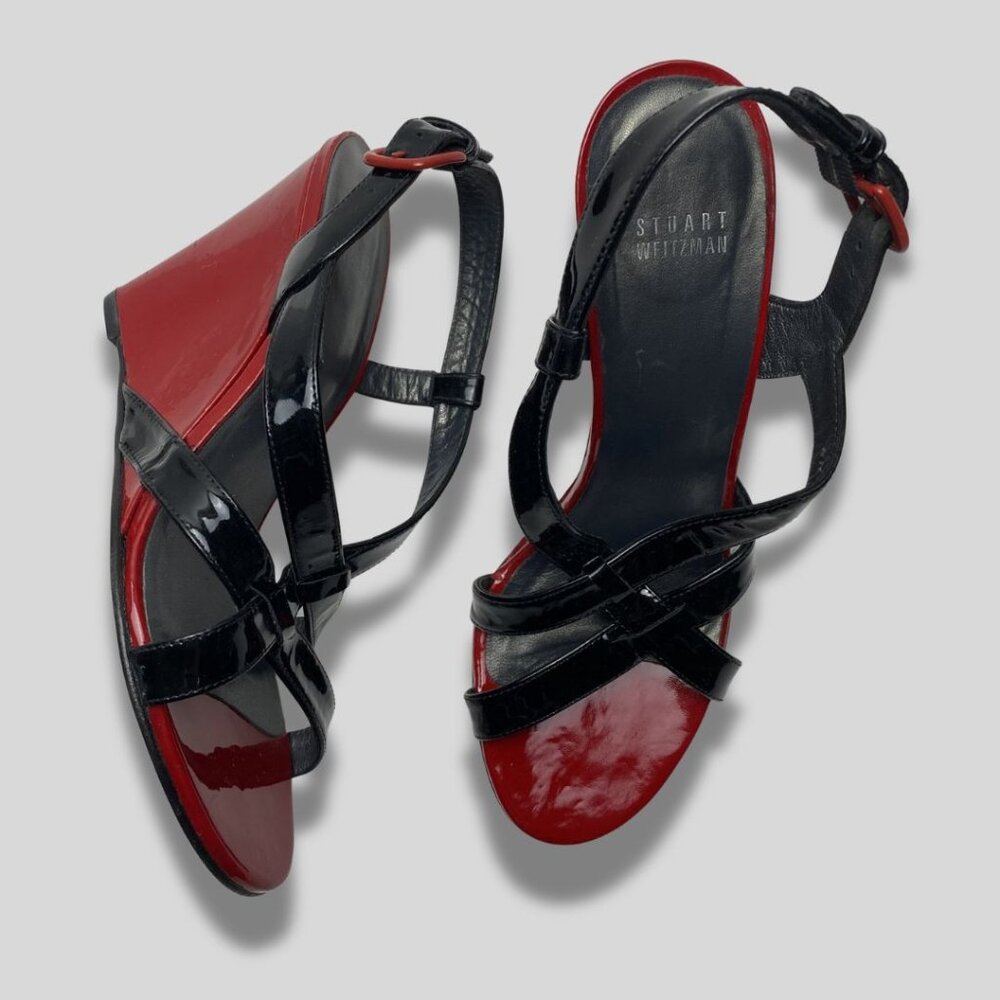 Stuart Weitzman Black Patent and Red Wedge Sandals 8.5 M EUC